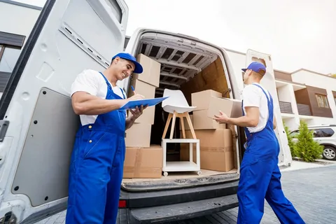 Professional movers loading furniture and boxes into a transport van — representing reliable relocation services in Saudi Arabia for homes and offices.
